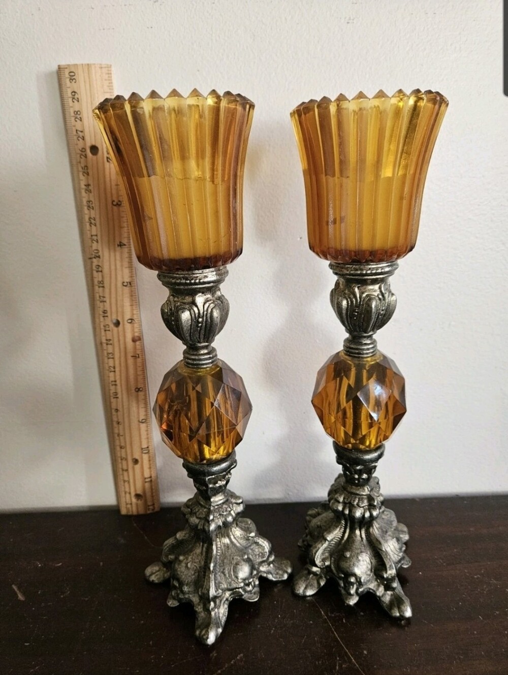 Vintage Hollywood Regency Amber Glass Candle Holders Pair Ornate Metal Base.